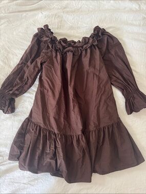 H&M Brown Off the Shoulder Ruffle Cotton Dress